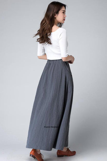 Artisan-Made Grey Maxi Skirt – Handmade Linen Cotton Flared Skirt for Spring | Xiaolizi 1498