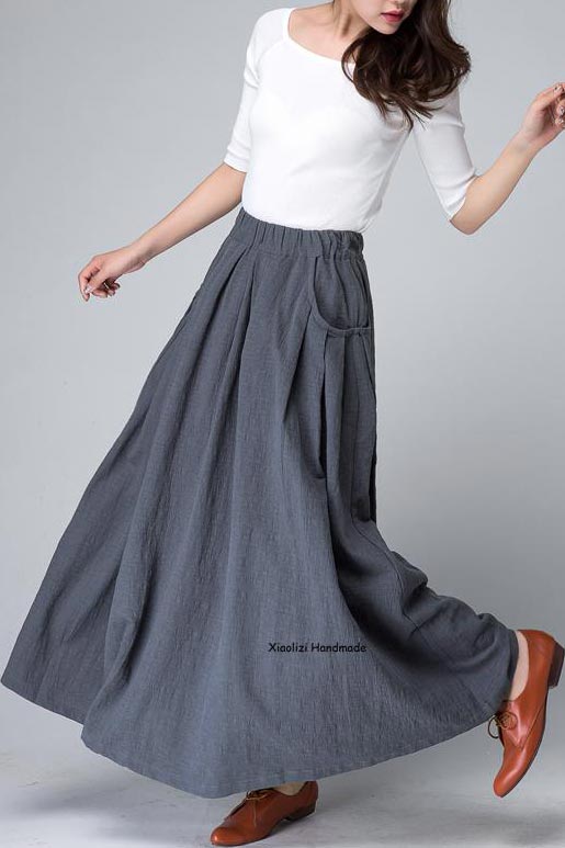 Grey long linen skirt, pockets skirt, summer skirt 1498#