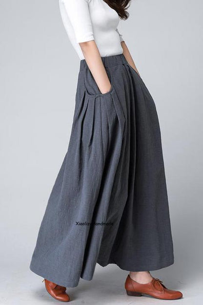 Artisan-Made Grey Maxi Skirt – Handmade Linen Cotton Flared Skirt for Spring | Xiaolizi 1498