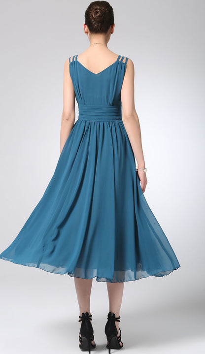 Blue Chiffon Midi Dress - V-Neck Sleeveless High Waist 1213