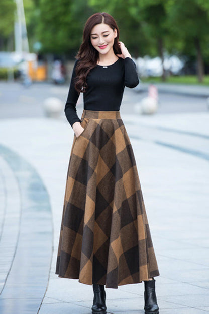 Plaid Wool Maxi Skirt - Elastic Waist, Ankle Length 2711