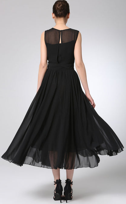 Black Chiffon Maxi Dress - Pleated Waist, Flowing Silhouette 1238