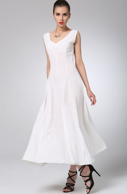 White Linen Maxi Dress - Flowy Sleeveless V-Neck 1232