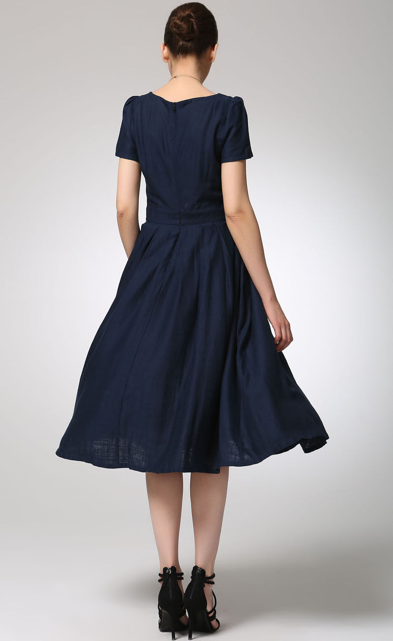 Navy blue linen dress midi women dress 1261#