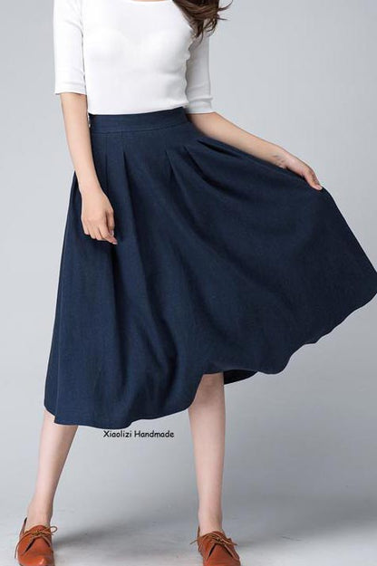 Elegant Navy Linen Midi Skirt – High-Waisted A-Line with Side Zipper | Xiaolizi 1500