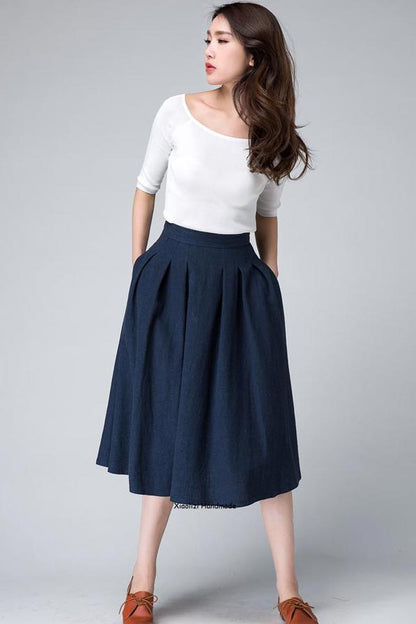 Elegant Navy Linen Midi Skirt – High-Waisted A-Line with Side Zipper | Xiaolizi 1500