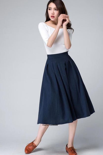 Elegant Navy Linen Midi Skirt – High-Waisted A-Line with Side Zipper | Xiaolizi 1500