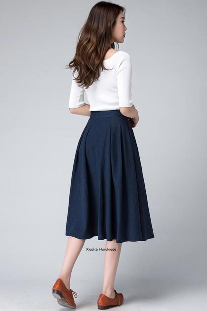 Elegant Navy Linen Midi Skirt – High-Waisted A-Line with Side Zipper | Xiaolizi 1500