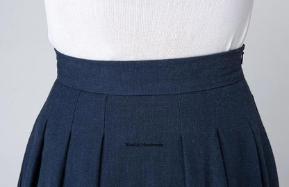 Elegant Navy Linen Midi Skirt – High-Waisted A-Line with Side Zipper | Xiaolizi 1500