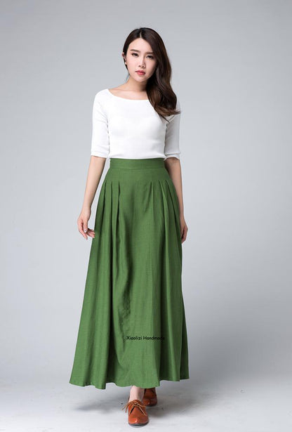 Green Linen Cotton Maxi Skirt - Pleated A-Line Silhouette 1502