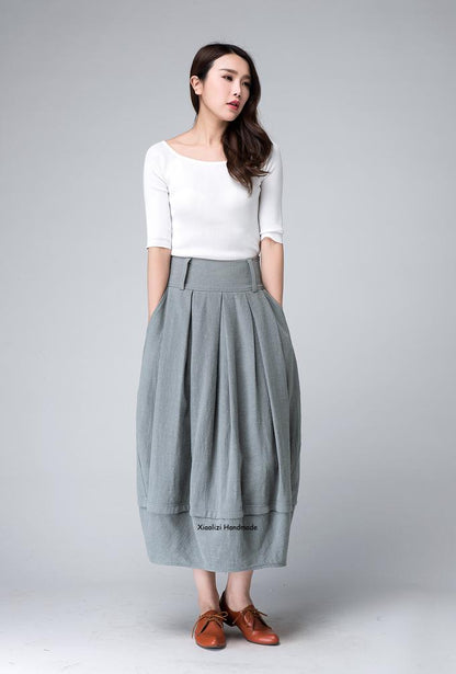 Grey Linen Cotton Blend Bubble Midi Skirt - Pleated Waist, Two Pockets 1503