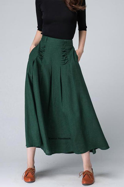 Green Linen Maxi Skirt - Crisscross Waist A-Line | Xiaolizi 1505