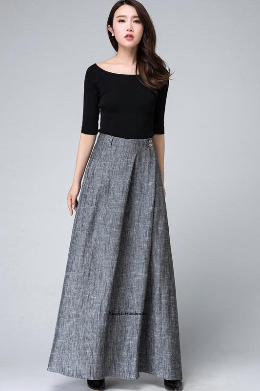 Grey maxi skirt with pleated detail wasit 1506#