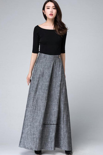 Grey Linen Cotton Maxi Skirt – Women’s High Waist Pleated Long Skirt 1506