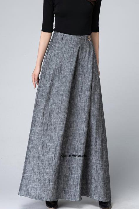 Grey maxi skirt with pleated detail wasit 1506#