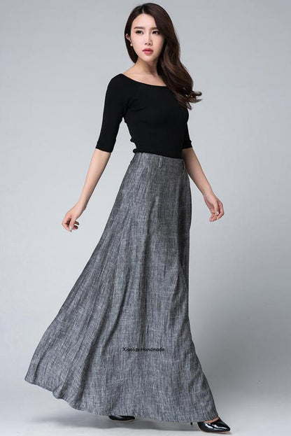 Grey Linen Cotton Maxi Skirt – Women’s High Waist Pleated Long Skirt 1506
