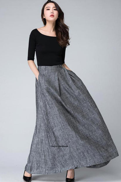 Grey Linen Cotton Maxi Skirt – Women’s High Waist Pleated Long Skirt 1506