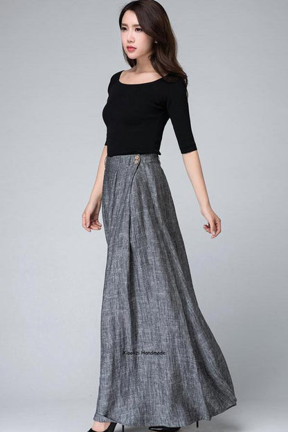 Grey Linen Cotton Maxi Skirt – Women’s High Waist Pleated Long Skirt 1506