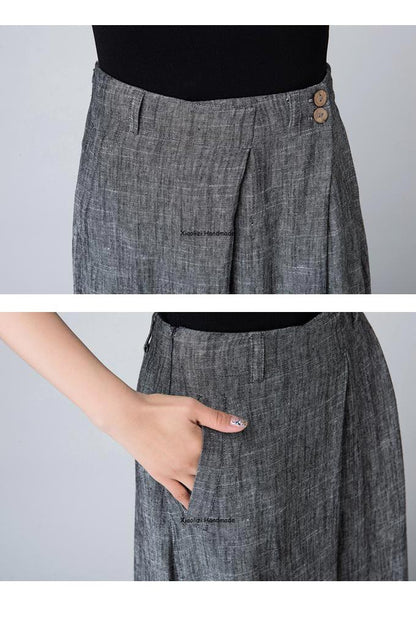 Grey Linen Cotton Maxi Skirt – Women’s High Waist Pleated Long Skirt 1506