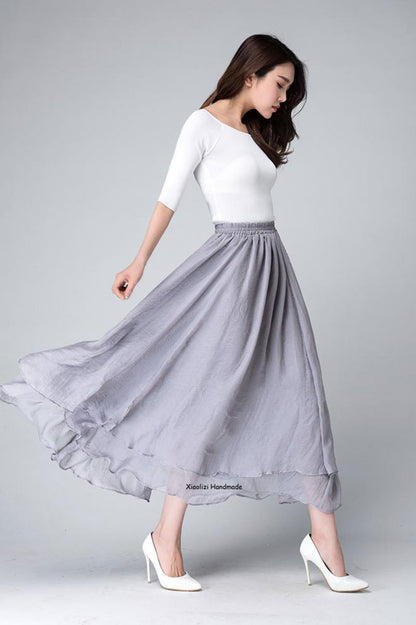 Gray Chiffon Midi Skirt - Swing A-Line Elastic Waist | Xiaolizi 1508
