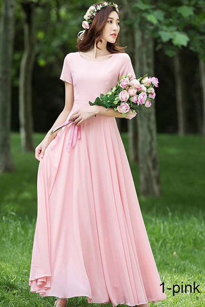 Blue Chiffon Maxi Dress - Handmade Fit and Flare Silhouette 1523
