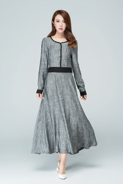 Grey Linen Maxi Dress - Elegant Long Sleeve, Side Zipper 1578