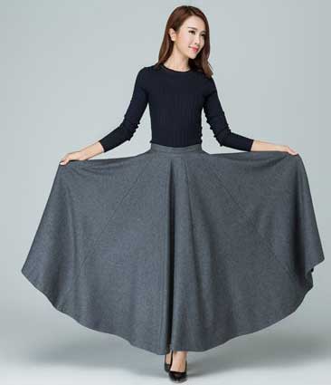 Grey Wool Blend Maxi Circle Skirt - Pleated A-Line | Xiaolizi 1586