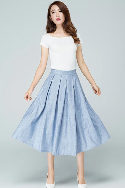 Blue Linen Cotton Blend A-Line Midi Skirt - Pleated Elegance 1591