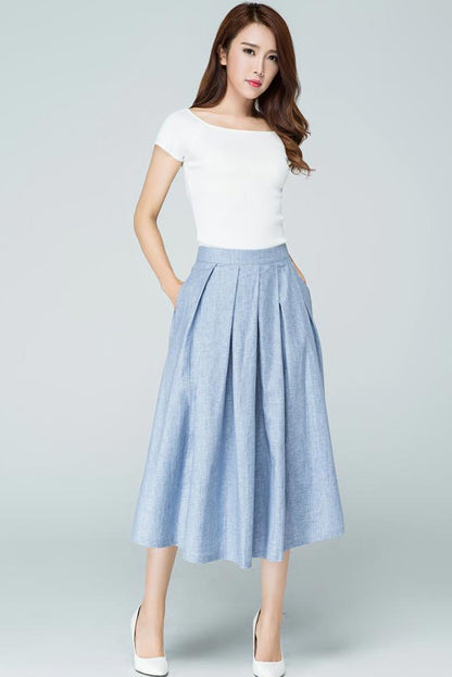 Blue Linen Cotton Blend A-Line Midi Skirt - Pleated Elegance 1591