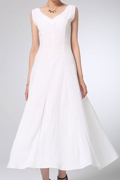White Linen Maxi Dress - Flowy Sleeveless V-Neck 1232