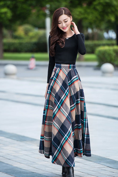 A Line Elastic Waist Plaid Wool Skirt 2709#