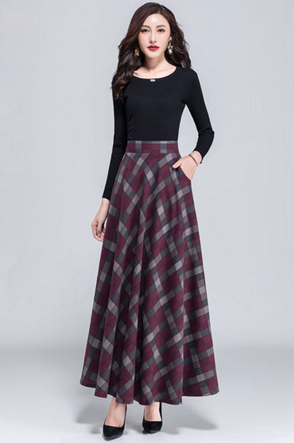 Women Red Plaid Maxi Linen Skirt 3054