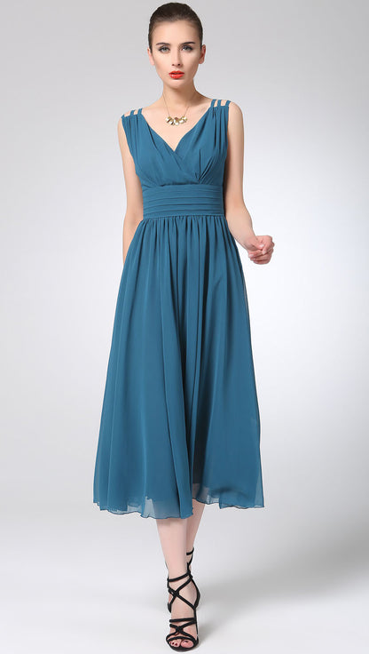 Blue Chiffon Midi Dress - V-Neck Sleeveless High Waist 1213