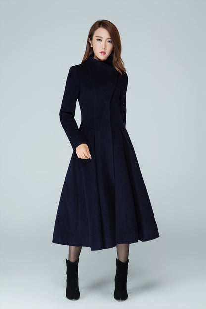 Classic Navy Wool Blend Coat – High Collar & Flowing Midi Silhouette 1605