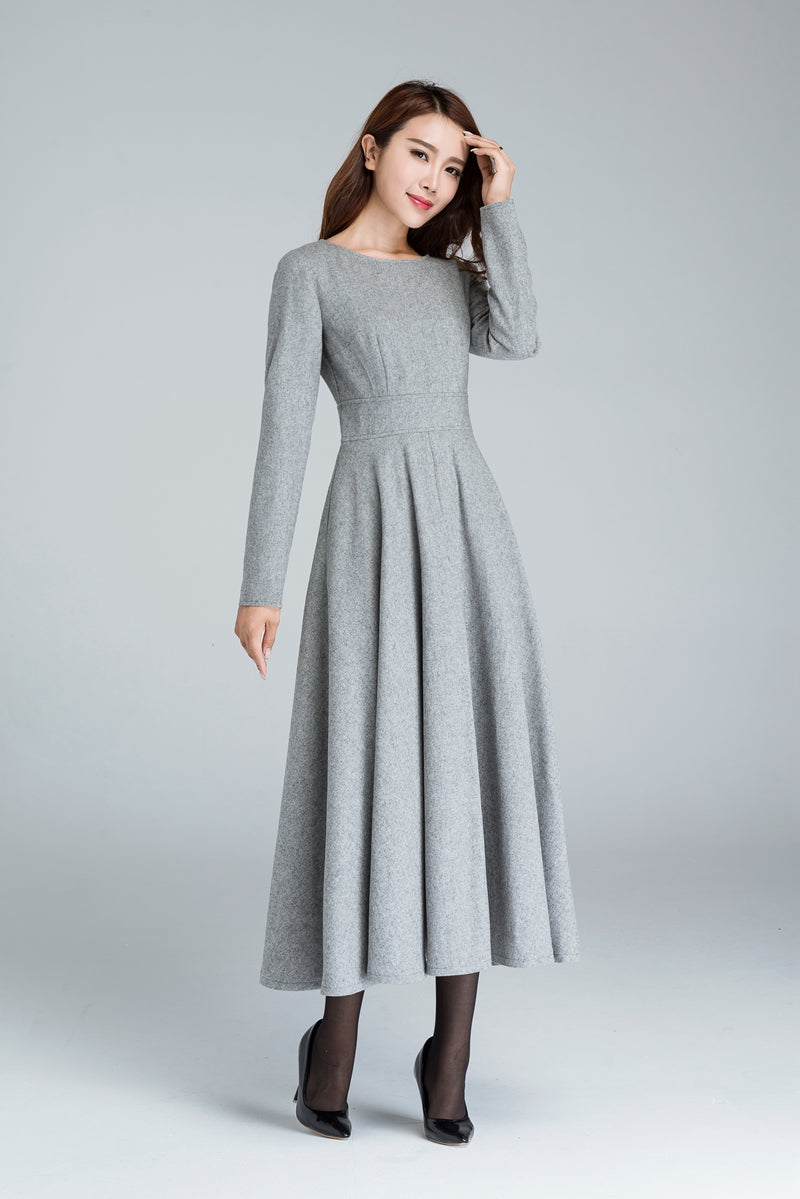 Women Gray Long Swing Wool Dress 1616