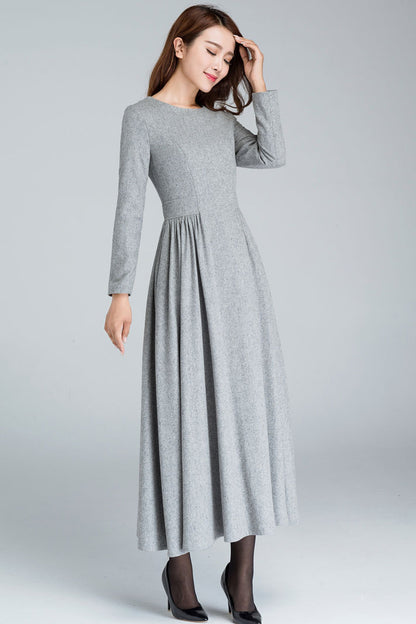 Grey pleated long wool dress 1617