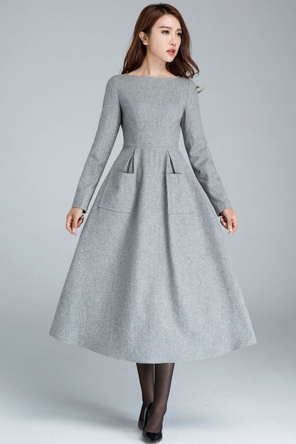 Gray Wool Maxi Dress - Boat Neckline with Long Sleeves 1620