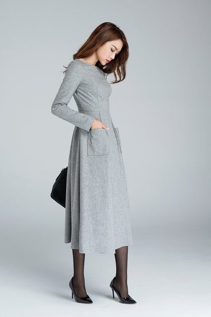 Gray Wool Maxi Dress - Boat Neckline with Long Sleeves 1620
