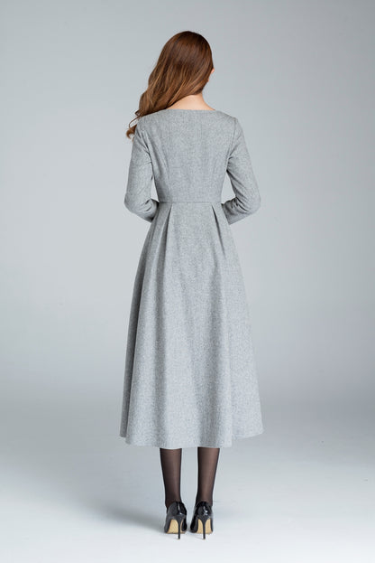 Gray Wool Maxi Dress - Boat Neckline with Long Sleeves 1620