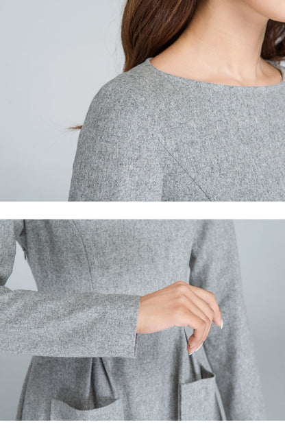 Gray Wool Maxi Dress - Boat Neckline with Long Sleeves 1620