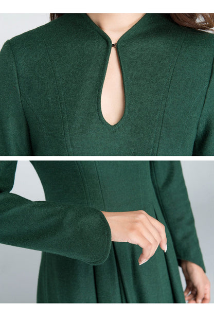 Emerald Green Wool Midi Dress - Fit and Flare Silhouette 1621