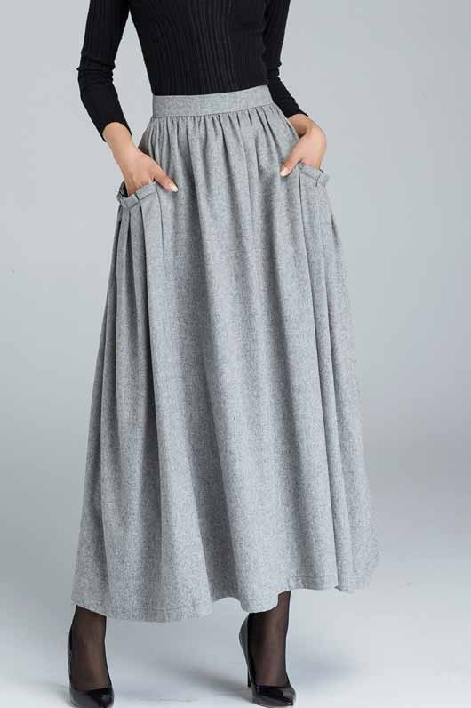 pleated maxi wool skirt with ruff detail pockets 1624#
