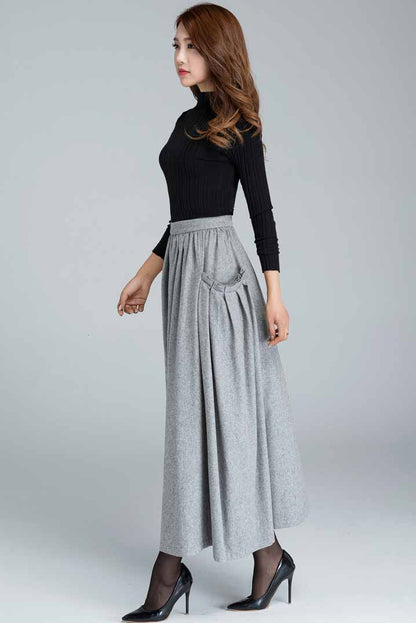 Handmade Light Gray Wool Maxi Skirt – High Waist Winter Skirt with Pockets | Xiaolizi 1624
