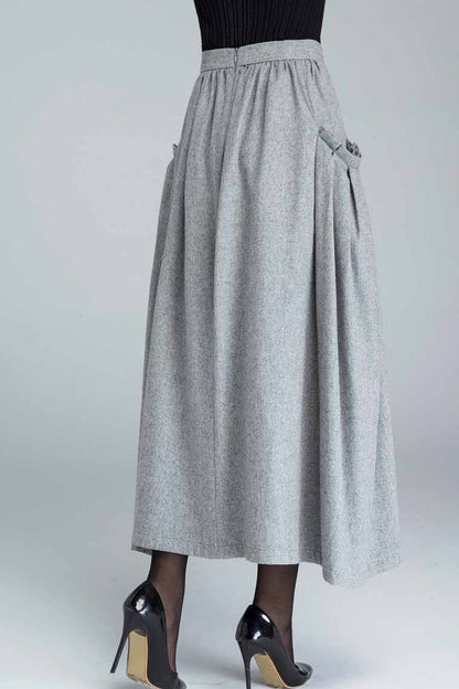 Handmade Light Gray Wool Maxi Skirt – High Waist Winter Skirt with Pockets | Xiaolizi 1624