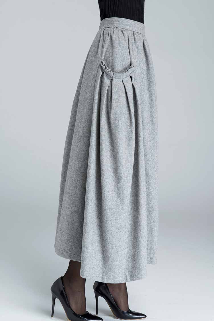 pleated maxi wool skirt with ruff detail pockets 1624#