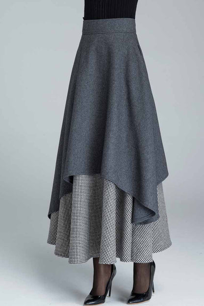 Dark Grey Wool Blend Maxi Skirt – Handmade Layered Vintage Elegance 1625