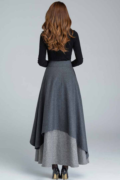 Dark Grey Wool Blend Maxi Skirt – Handmade Layered Vintage Elegance 1625
