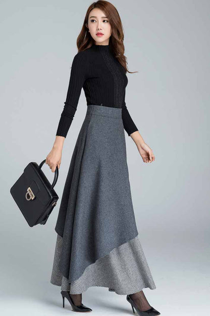 Dark Grey Wool Blend Maxi Skirt – Handmade Layered Vintage Elegance 1625