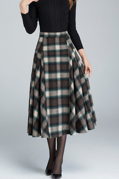 Plaid Wool Blend Midi Skirt – Handmade 1950s Vintage Swing Elegance 5401