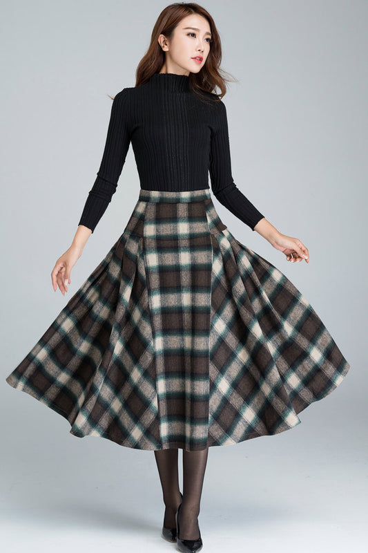 1950s plaid flare skirt, women's midi skirt 1626#